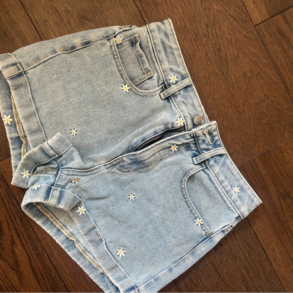 Light Blue Denim Shorts with Floral Accents